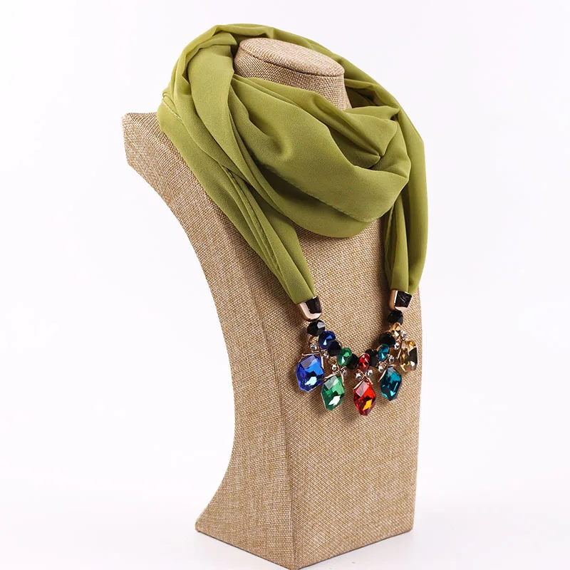 Wholesale jewel scarf acrylic diamond chiffon jewelry necklace scarf with pendant for women