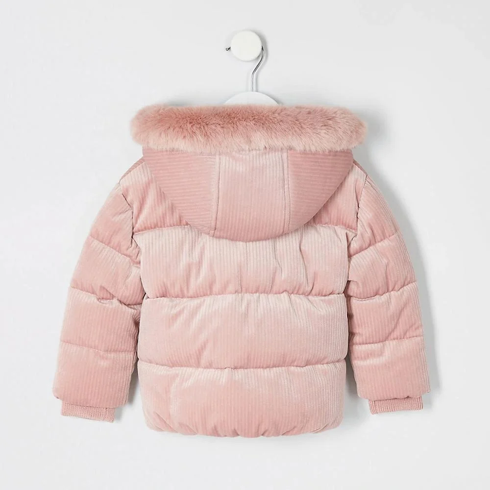 Baby girls pink cord padded coat with detachable faux fur trim hood kids winter thick warm jacket