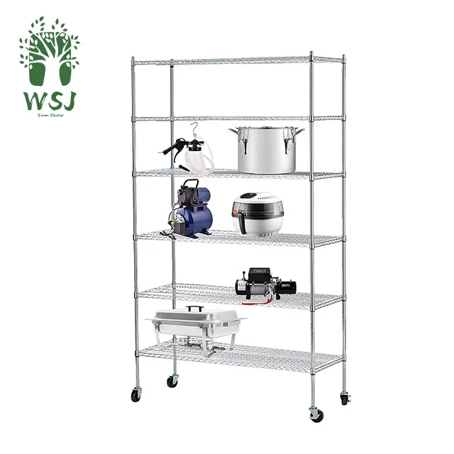 6 Tiers NSF Epoxy Coating chrome wire shelving with wheels and adjustable feet Kitchen Heavy duty greenhouse