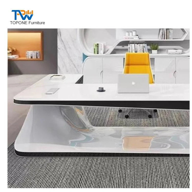 Modern solid surface L shape white blue manager office desk with return open front lacquered office furniture