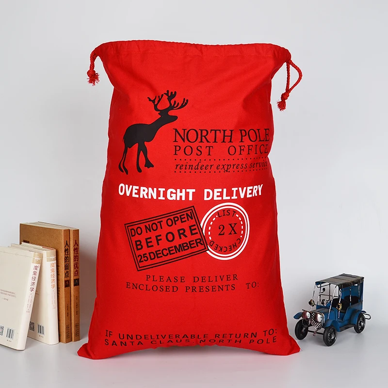 HK-05 Red Cotton Santa Sack Recycled Christmas Decorations with Post Stamp Reusable and Eco-friendly Cotton Cords