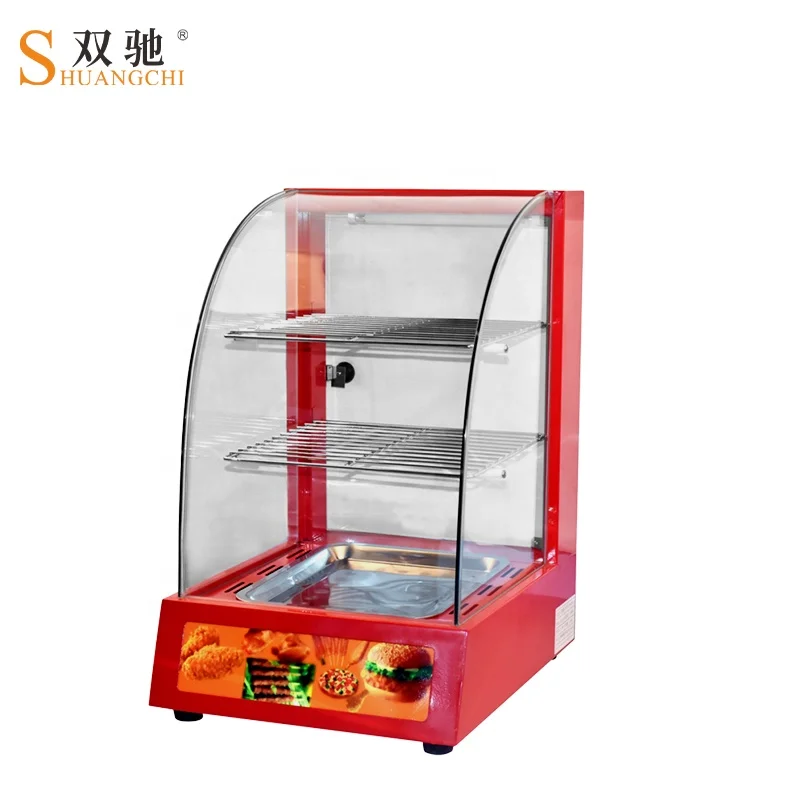 Red color small electric curved warming showcase glass window keep warm food warmer display bakery cake display