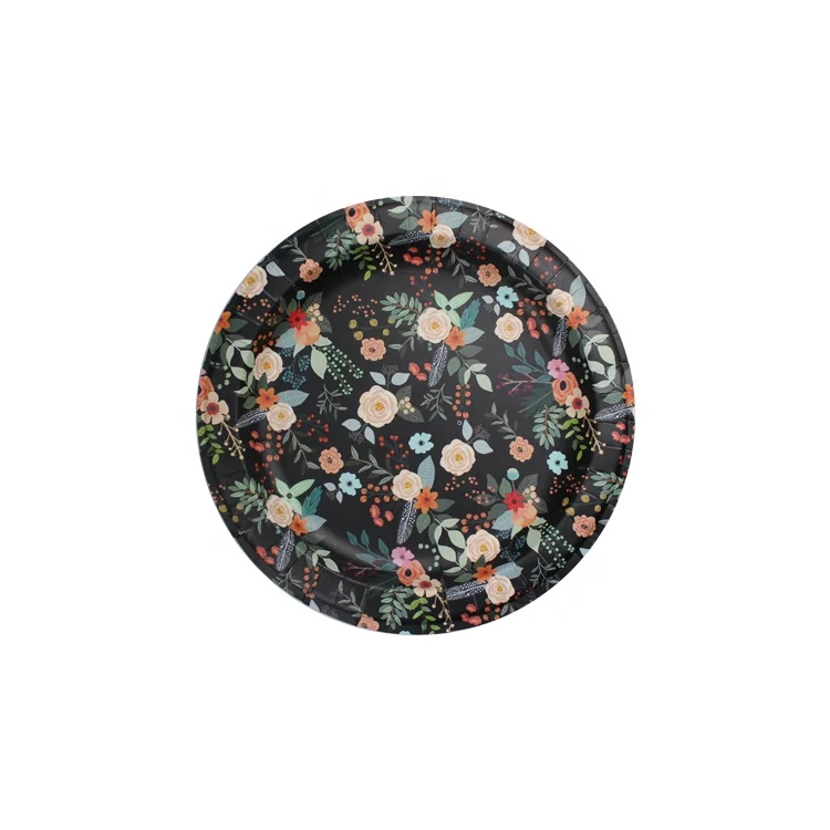 Black background with colored flowers disposable round printed paper plates