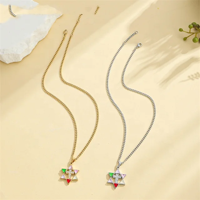 Yiwu Aceon Velle Stainless Steel Stylish Original Design Religion Colorful Triangle Crystal Stone David Star Cross Necklace