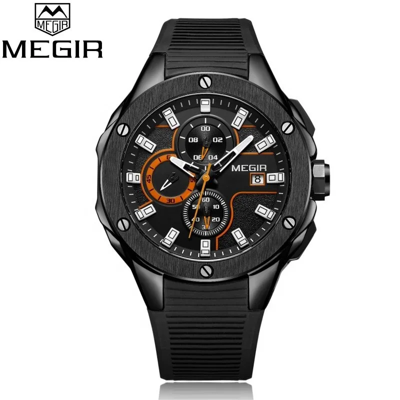 Custom Megir 2053 chronograph watch Stainless Steel Back WristWatch Quartz waterproof Sport Silicon Man luxury Watch