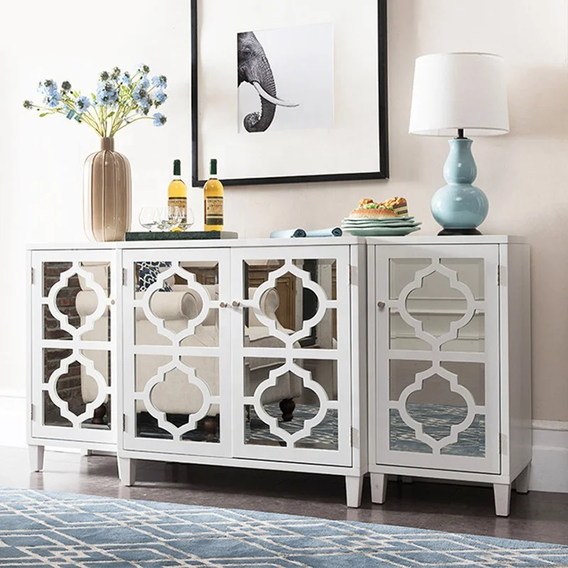 Wooden Curved Mirrored TV Stand Mirror 4 Doors Table for Living Room Furniture