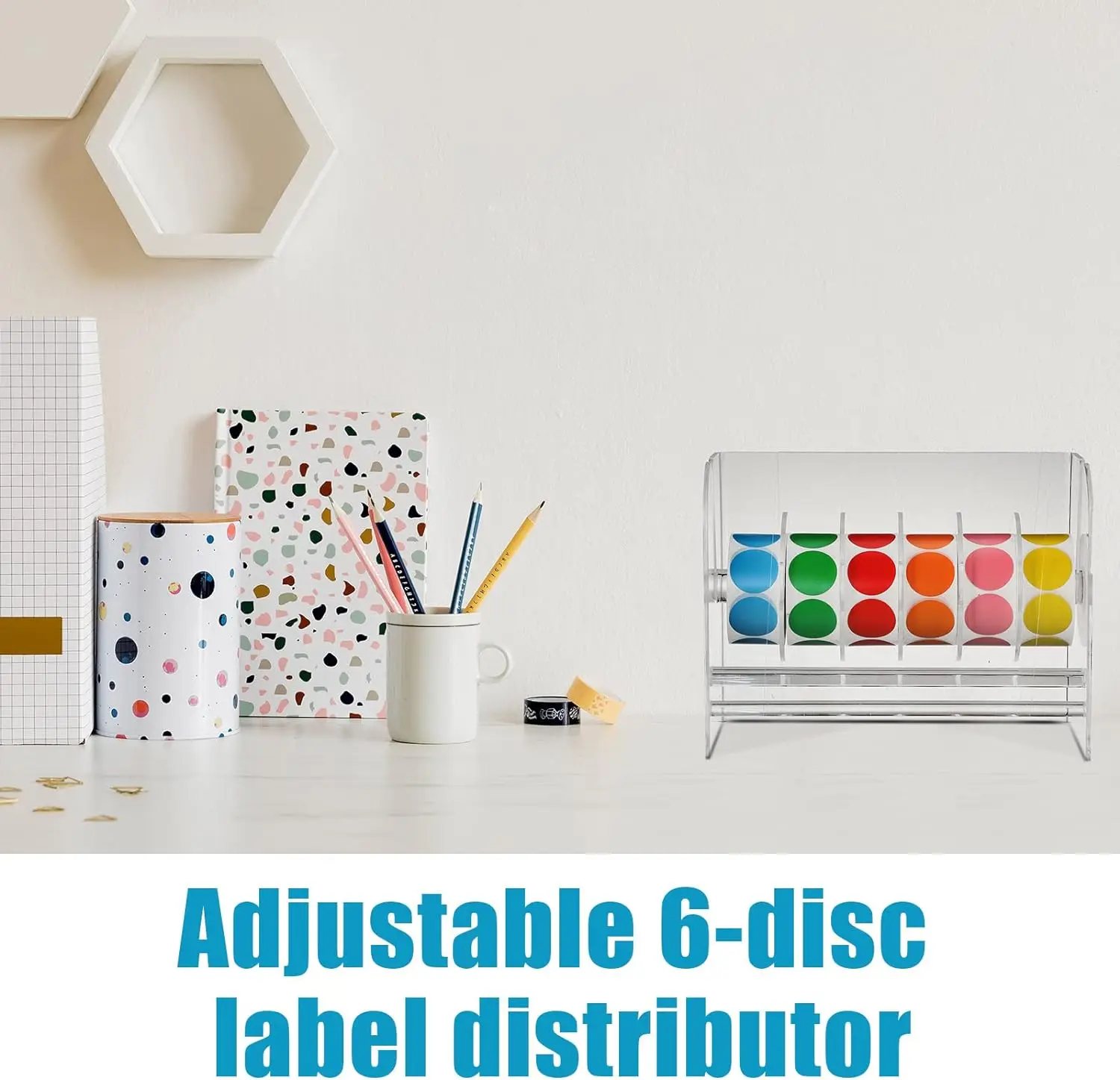 6 Disks Adjustable Label Dispenser Acrylic Tape Sticker Dispenser Clear Label Sticker Roll Holder Stand