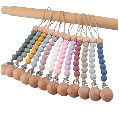 Baby Pacifier Clips Silicone Beads Wooden Ring Pacifier Chain Infant Nipple Appease Soother Chain Clips