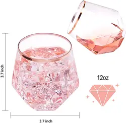 Gold Diamond Shaped Plastic Stemless Wine Glasses Disposable 12 Oz Clear Plastic Whiskey Glasses for Birthday, Weddings