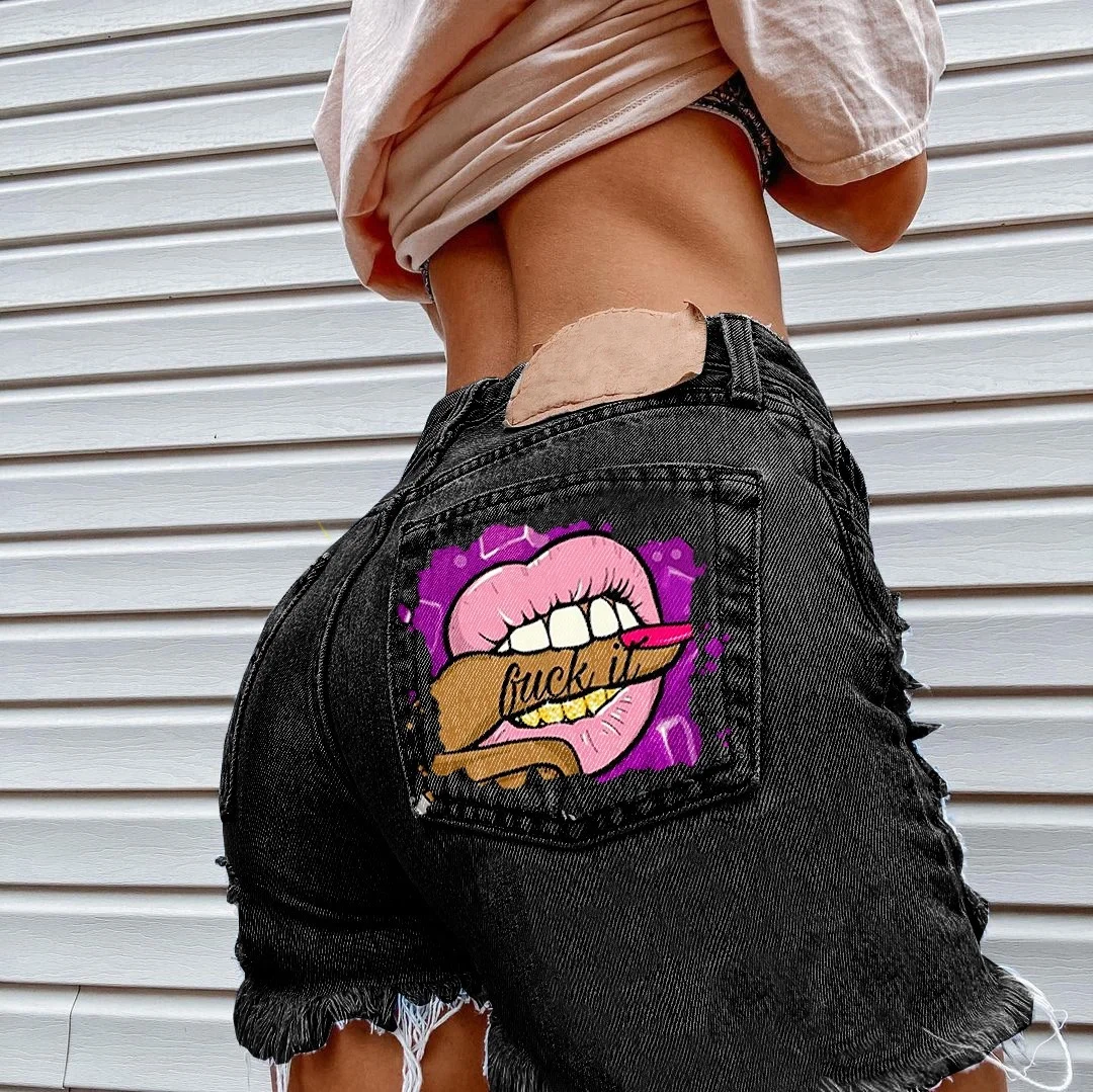 New Trend Plus Size High Waist Washed Streetwear Ripped Hole Raw Edge Print Vintage Casual Sex Women Denim Jeans Shorts