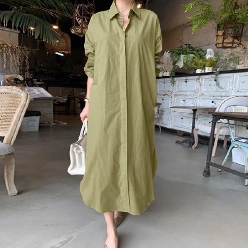 Fashionable new solid color lapel long sleeved simple and loose casual long shirt dress cardigan skirt