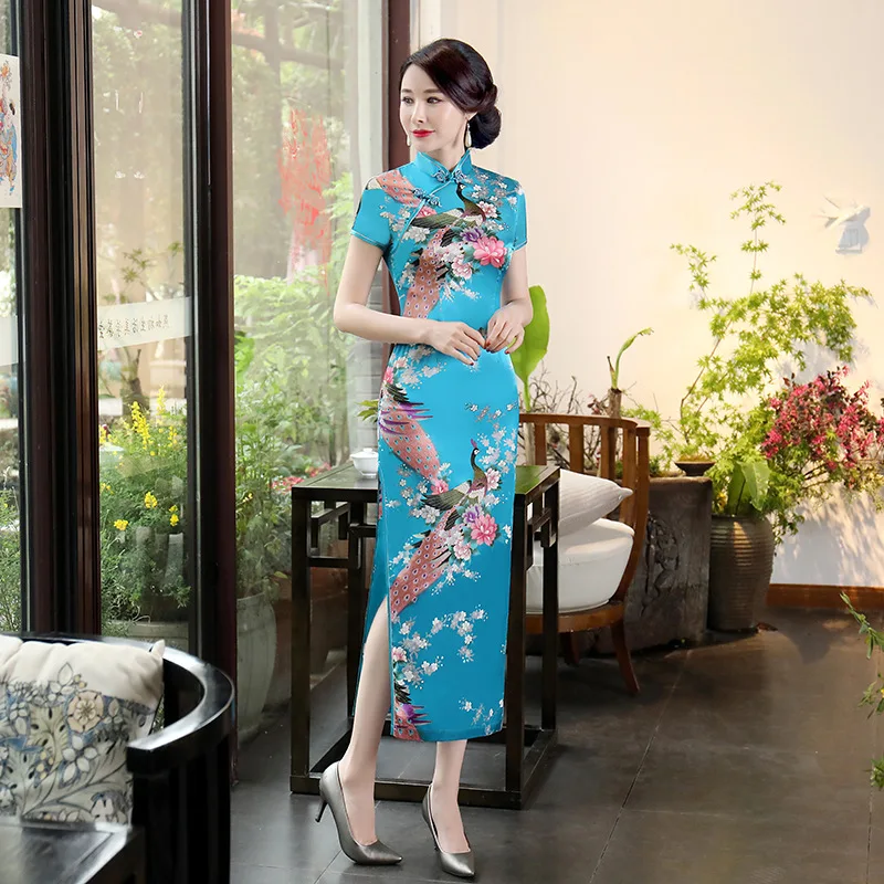 Sexy Purple Women Satin Daily Casual Dress Summer New Long Qipao Print Flower Chinese Cheongsam Size S M L XL XXL 3XL