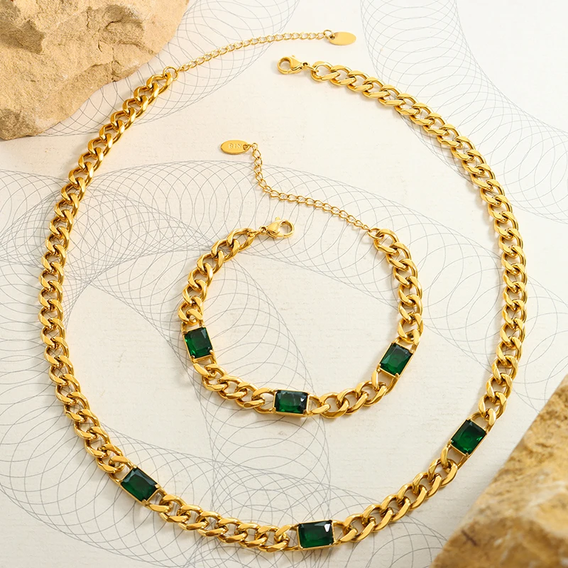 Wholesale Hip Hop Cuban Coarse Chain Green Glass Stone Pendant Necklace Bracelet Jewelry Sets