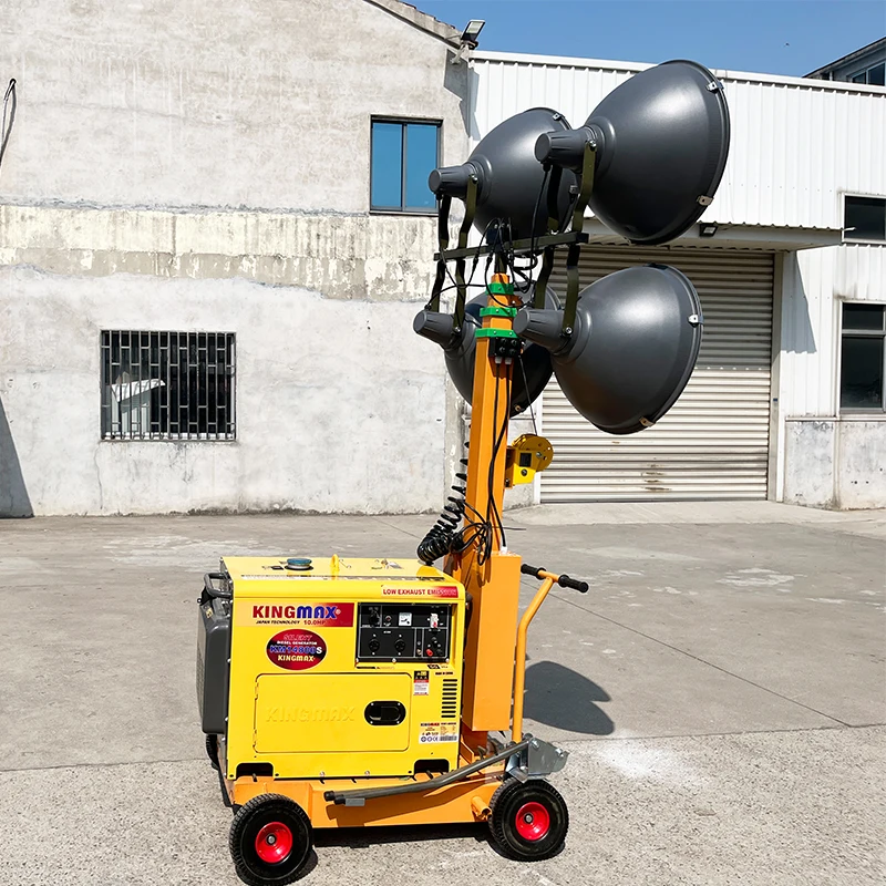 Pushcart type soundproof diesel generator manual lift 5M high 1000W fixture building mobile lighting tower