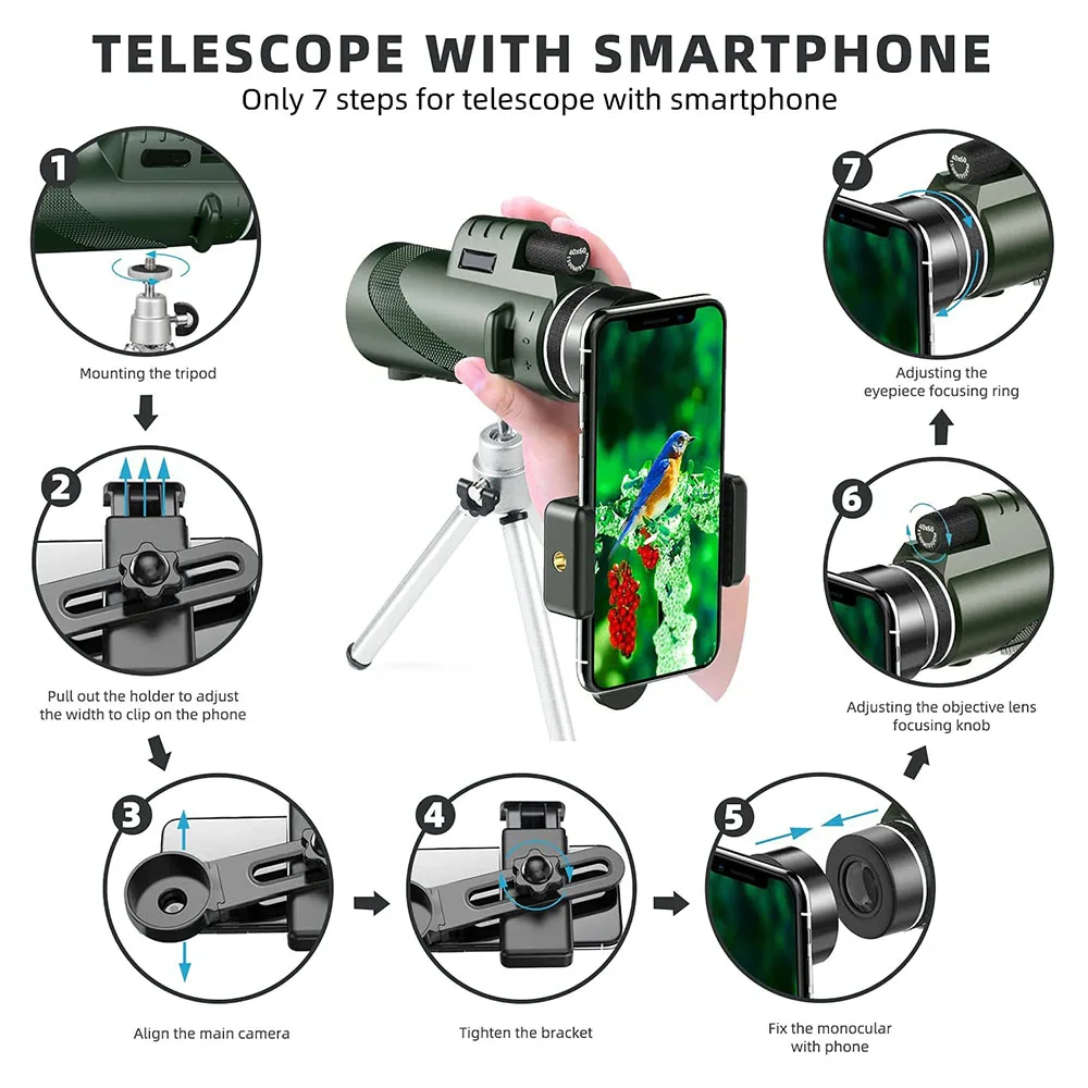 40x60 80x100 Monocular Telescope with Phone Adapter & Tripod  Waterproof low light Night Vision for Smartphone