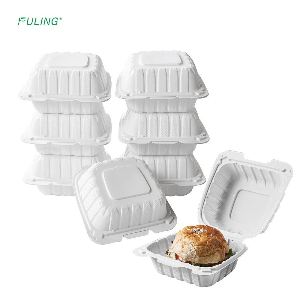 FULING 6X6'  Clamshell Take Away Food Container 6 Inch Mineral Filled PP Hinged Take Out Container Deli Food To go