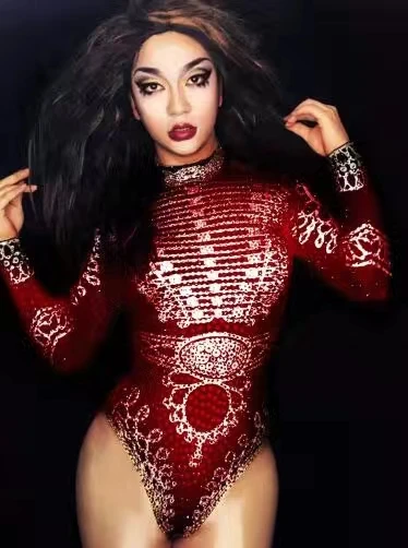 Shiny Elastic Tights Black Red Military Rhinestones Bodysuit Women Sexy Singer Dancer Leotard Stage Costume Club Party Playsuits