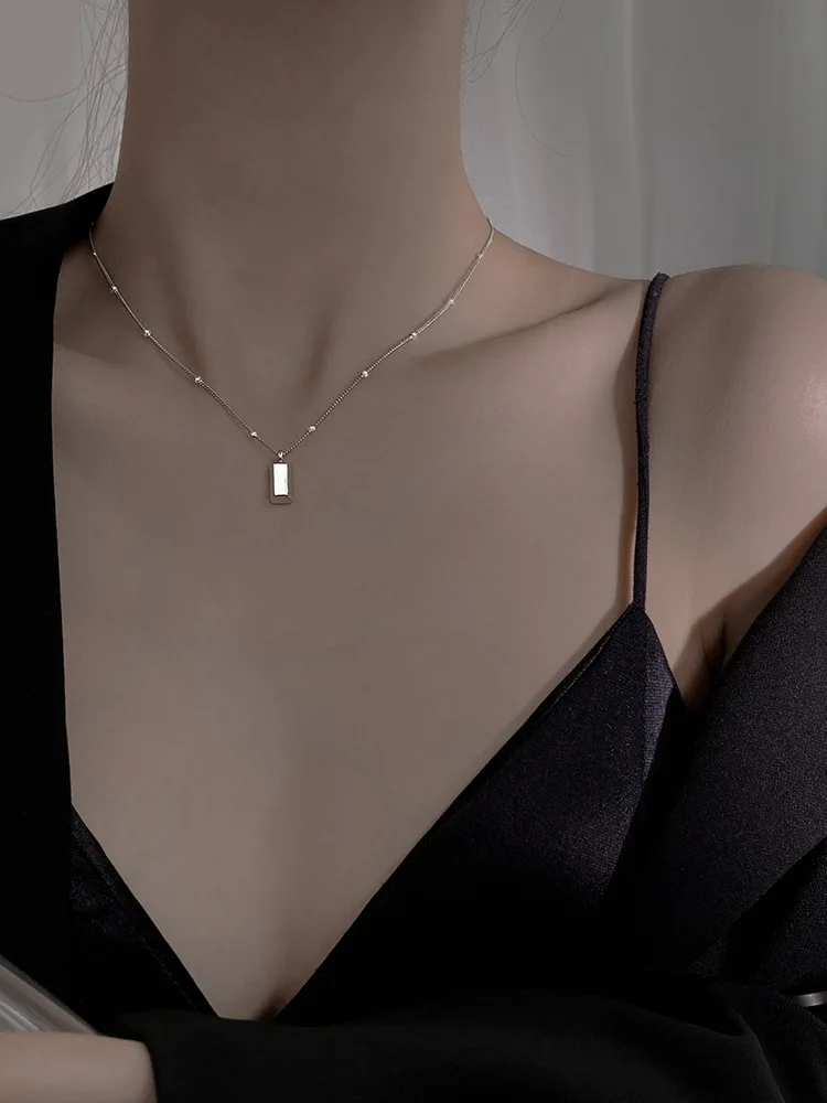 Rectangle gold bar necklace in 2022 new female sterling silver necklace female high design sense niche clavicle chain female
