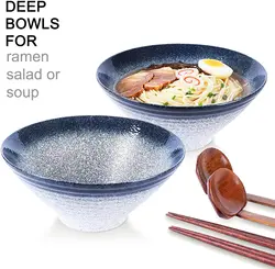 Ramen Noodle Soup Bowl 2 Sets Matching Spoon Chopsticks Udon Soba Pho Asian Noodles Large