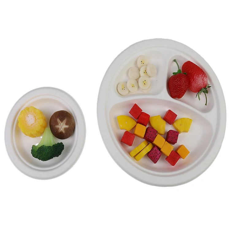 Disposable Bagasse 9inch 10inch 3 Compartment Round Plates