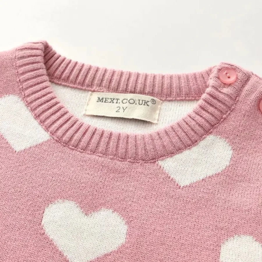 Rarewe 2024 Valentines Red Pink Love Heart Pattern Toddler Baby Girl Sweater Wool Knit Kids Sweater Pleated Dress