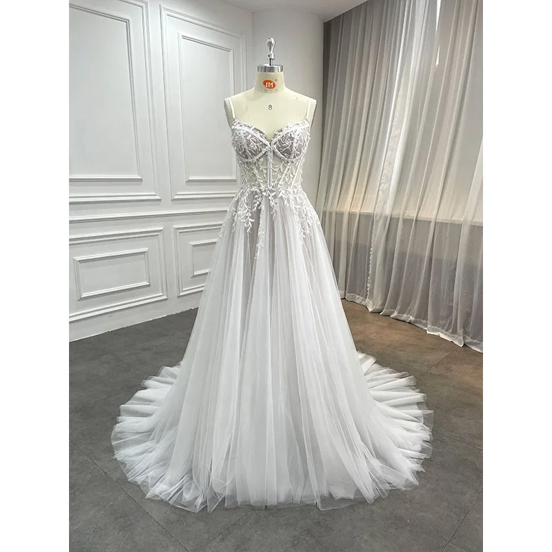 Sheer Corset Beading Lace Bridal Wedding Dress Vestidos De Novia Spaghetti Strap Bride Gown