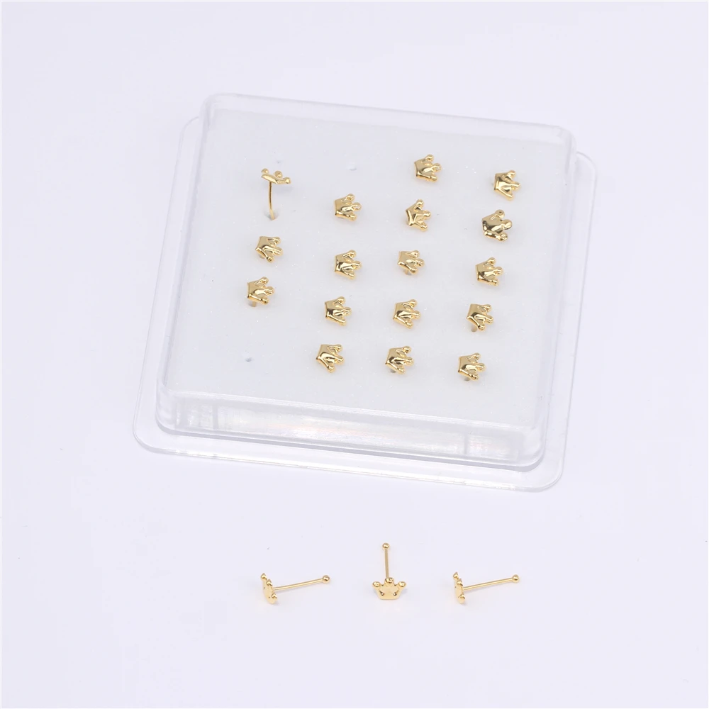 20 PCS Solid Crown Shape Nose Studs Ball End Pin Nose Bone Nostril Bendable Soft Needle Nose Piercing Boxed Jewelry Wholesale