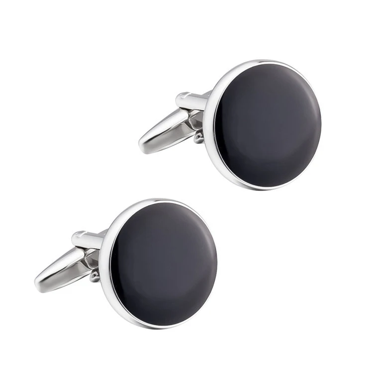 Custom 925 Silver Mens Black Round Cufflinks Natural Stone Sterling Silver Cufflink Finding