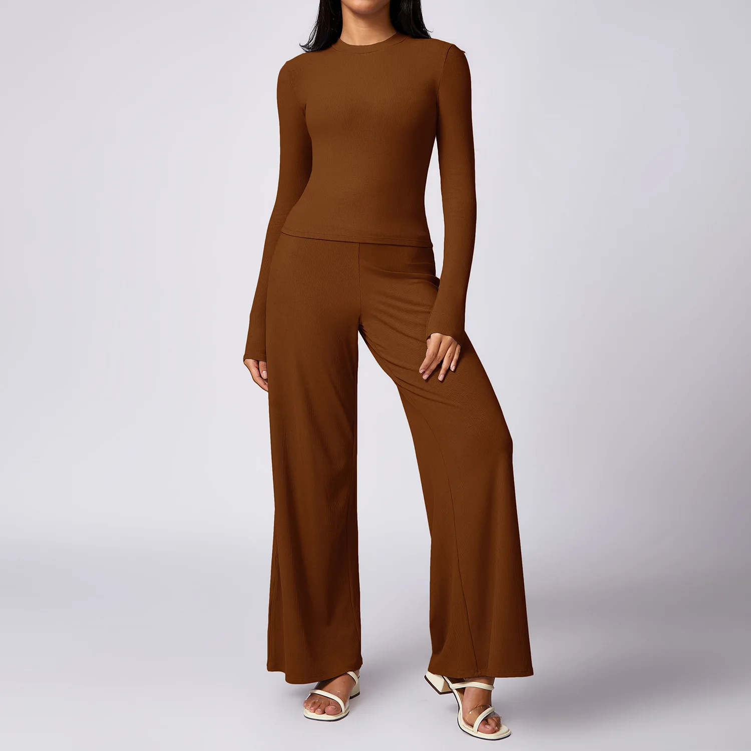 Wholesale Ribbed Sport Sets Loose Casual Pants Slim Long Sleeve T Shirts Sets Gym Clothing For Women Sports Sets