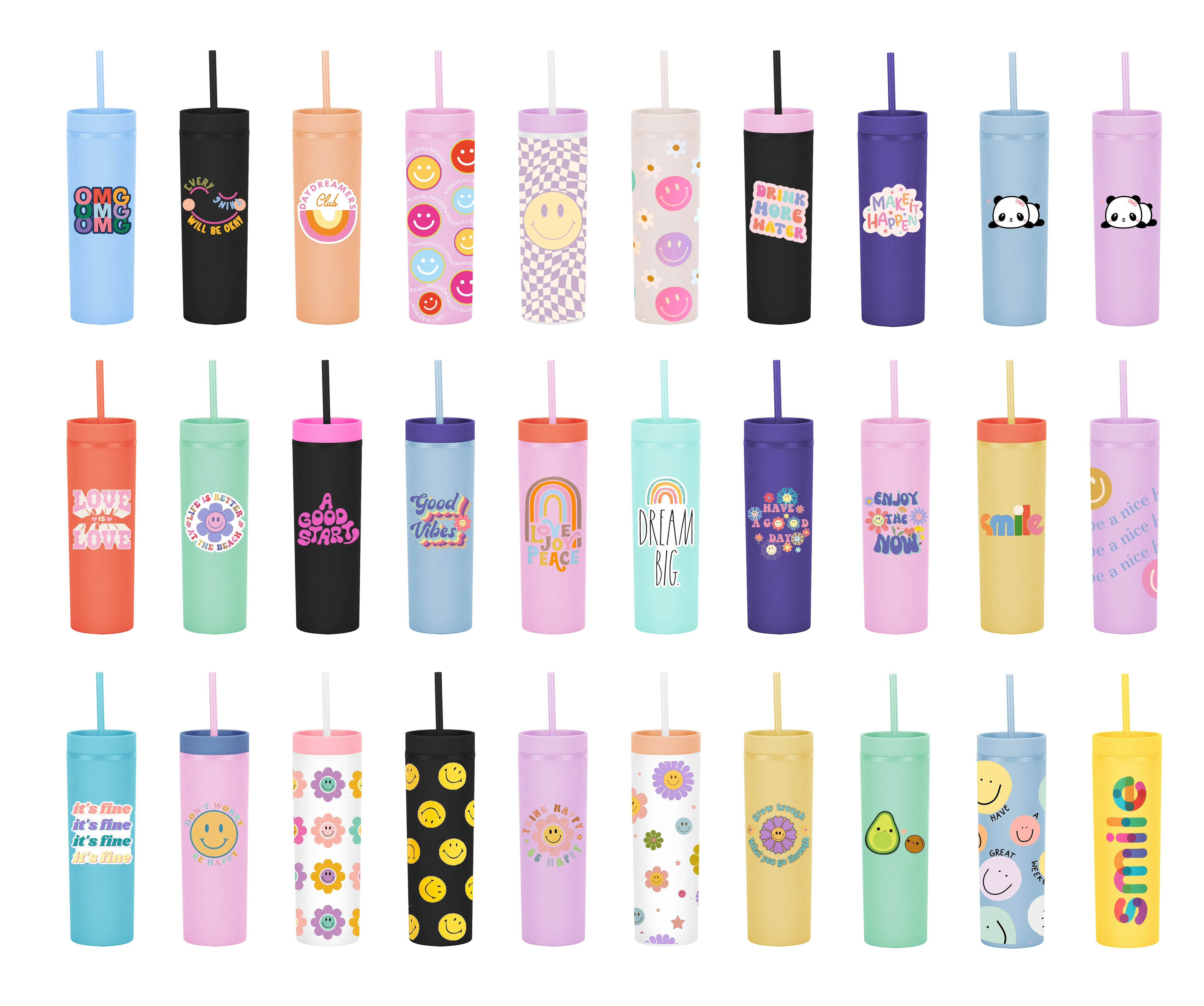 Fancy Cute Creative fashion Designed Pattern Double Wall Acrylic BPA-free Water Bottle Tumbler With Reusable Straw For Kids Home