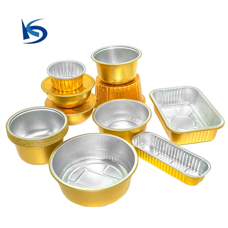Factory takeaway shallow baking foil tins gold 5 oz rectangular disposable cup cake turkey round aluminium food packing bowls