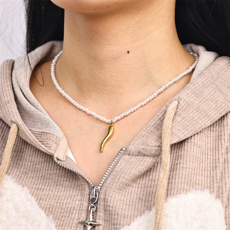 Fashion Pearl Beads Small Pepper Necklace Stainless Steel 18K Gold-Plated Pendant Necklace