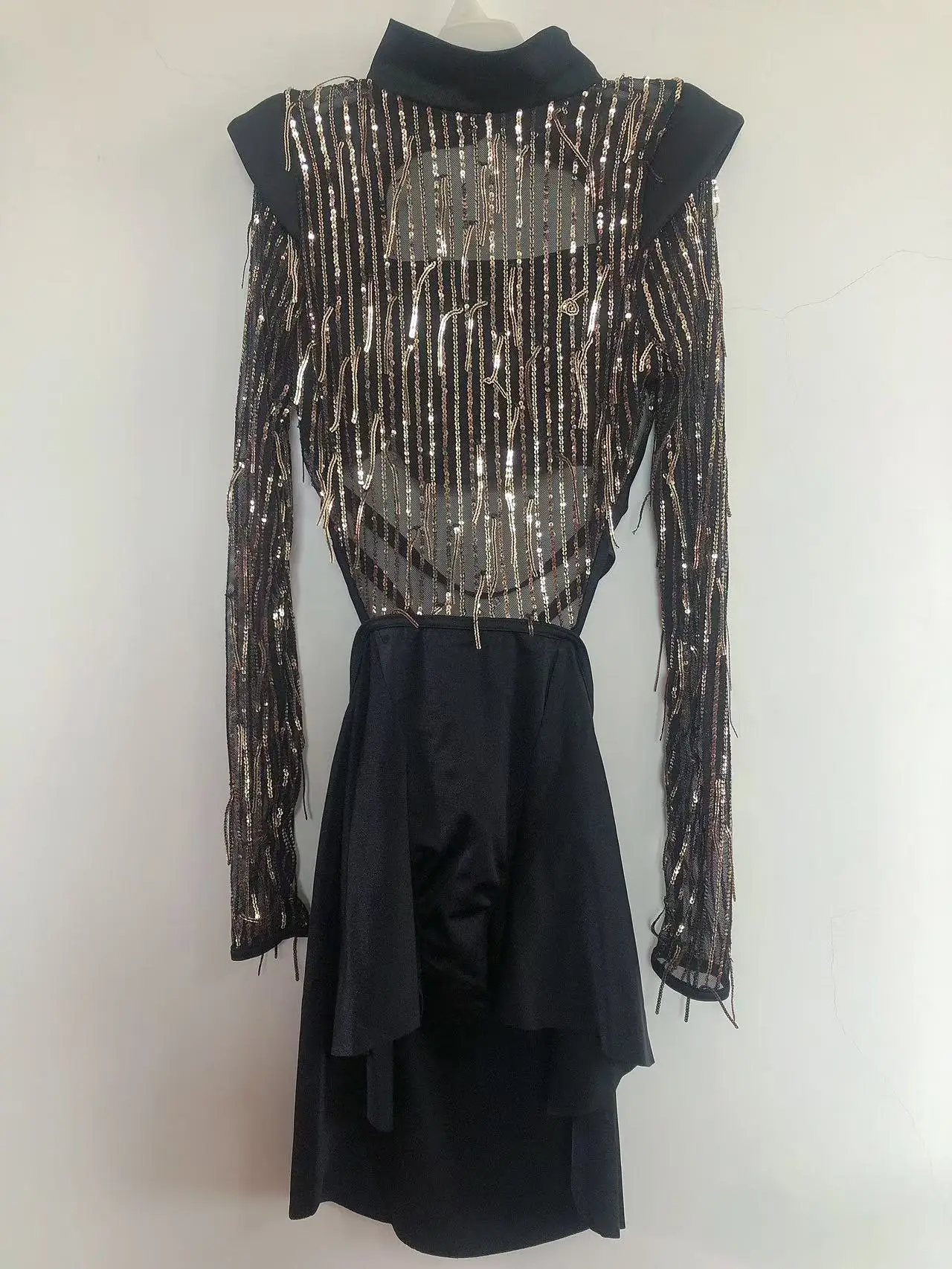 Sequin Fringe Mesh Children Acrobatic Gymnastics Dance Dress Have Fully Lined Bandeau Front Brief Liner Long sleeve leotard