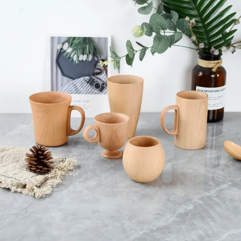 Wholesale Custom 350ml Handmade Wood Tea Cup Portable Reusable Natural Wooden Coffee Mug with Handle