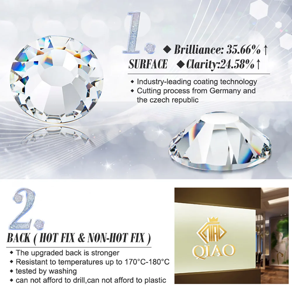 QIAO Bling Plated White Crystal Flat Back 3D Non Hotfix Sticker Glue DIY Decoration Round Rhinestones