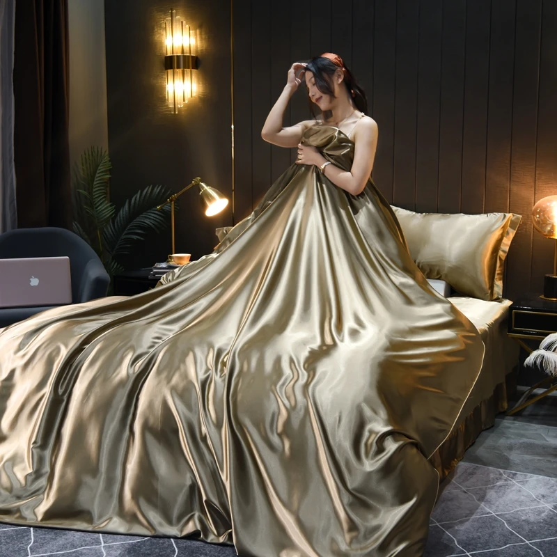 Шелковый Одноцветный двухсторонний постельный комплект из четырех предметов