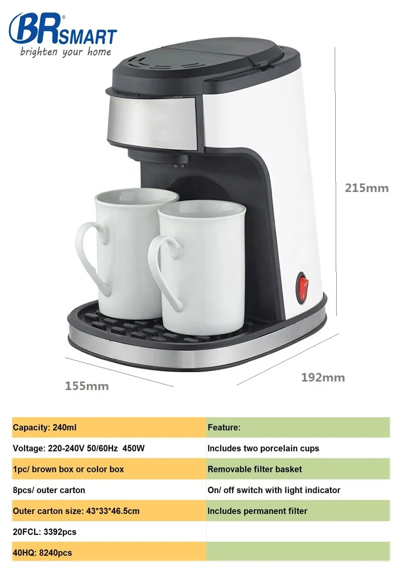 2 cups Drip Coffee Maker Home and Office Coffee Machine 240ml Portable Coffee maker