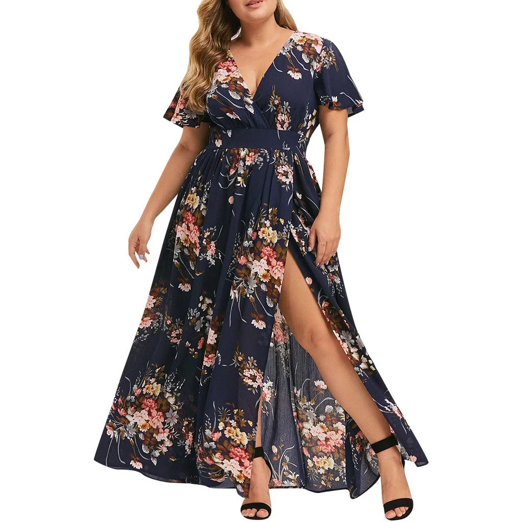 
Floral Printed Woman Dress Short Sleeve Bell Sleeve High Low Maxi Dress Robe Grande Femme Plus Size Women Dresses 