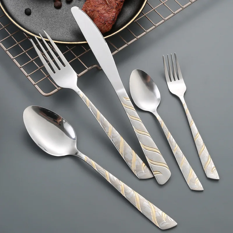 Best Selling Slanted Handle Cutlery PVD Knife Fork Spoon Set For Creative Western Food Flatware Set Stainless Steel