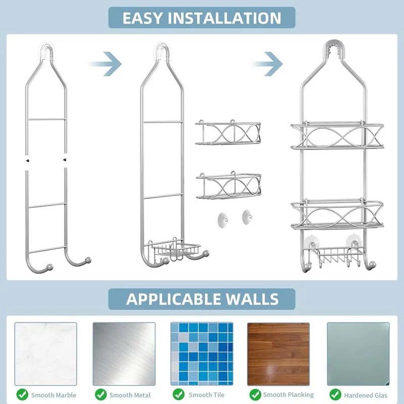 Low MOQ Rustproof Bathroom Shower Room Shelf Organizer Shower Caddy Over Shower Head with Soap Holder and Hooks