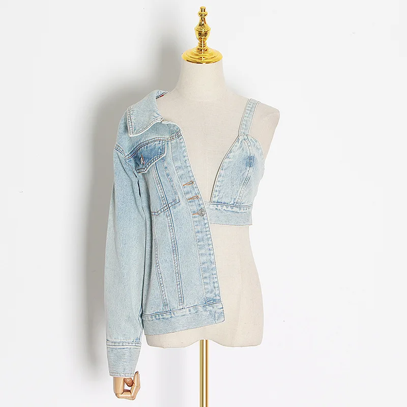 New Fashion Sexy Lapel Open Waist Denim Jacket custom cropped jean jacket