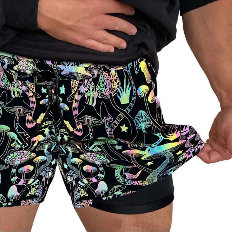 Мужские двухслойные спортивные шорты из полиэстера и спандекса для бега на открытом воздухе, тренировок, спортивные шорты с радужным принтом в виде грибов, светоотражающие спортивные шорты