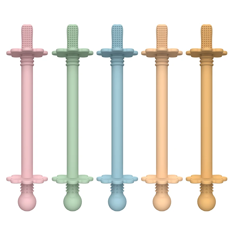 Manufacture Custom Child Silicone Teether With Brush Teething Shaped Toothbrush Stick For Baby