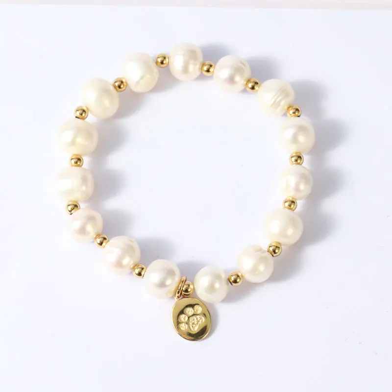 Lovely Large Fresh Water Pearl Beaded Bracelet Stainless Steel Gold Dog Paw Printing Round Pendant Solid Bead Bracelet