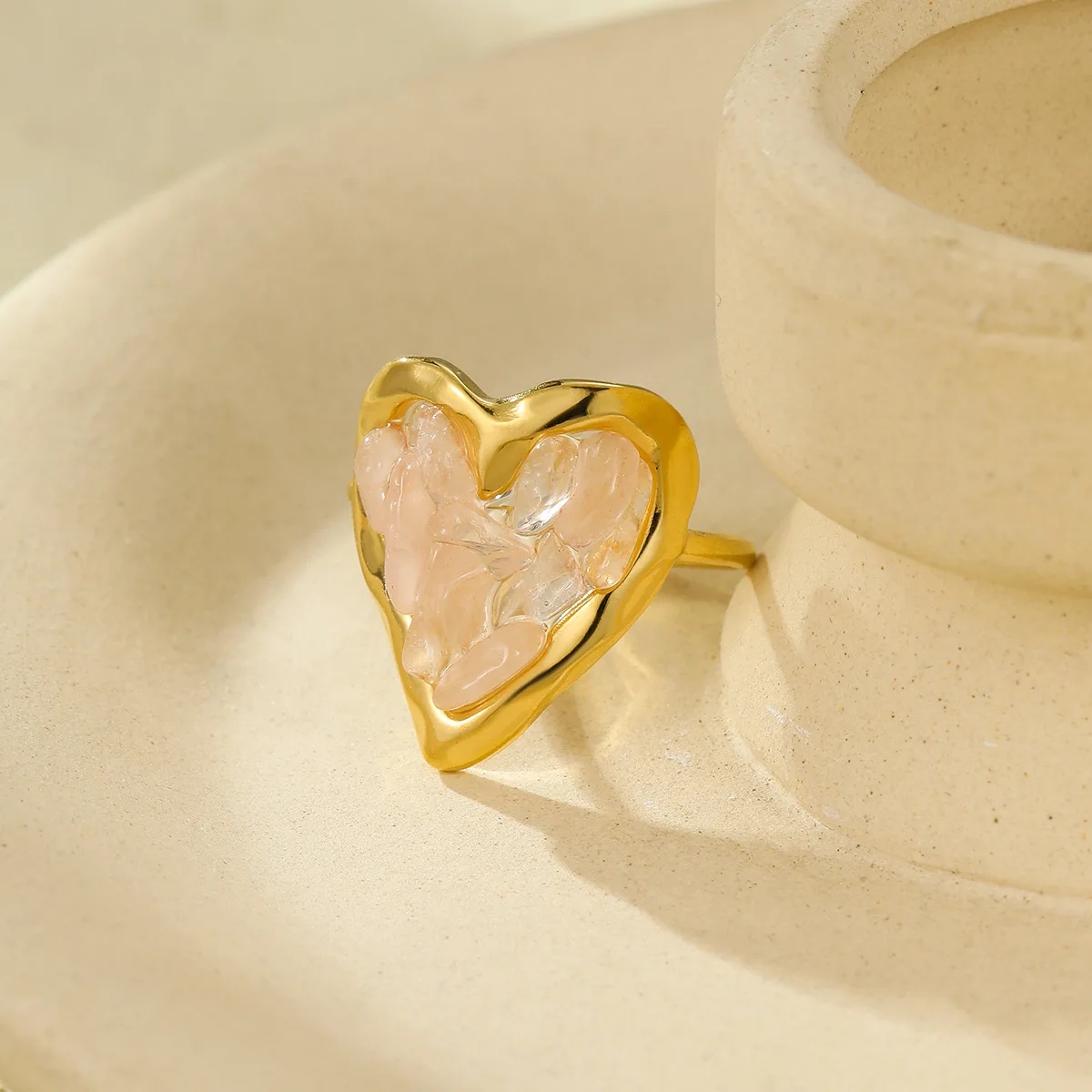 Women Rough Amethyst Rose Quartz Rings Wholesale Natural Crystal Jewelry Adjustable 18K Gold Plated Love Heart Stone Rings