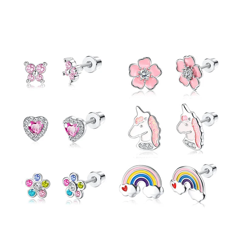 Ohrringe Unicorn Enamel Rainbow Cake Heart Shape Tiny Korean Small Silver Stud Earrings Children Jewelry Earrings for Girls