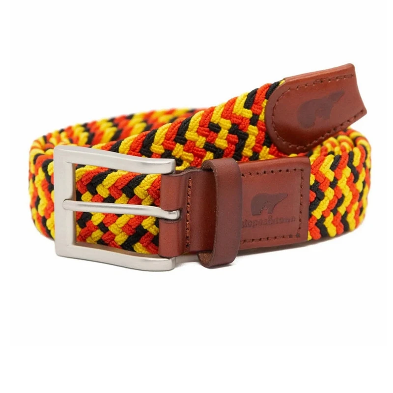 New Soft Brown Matt Leather Piping With Debossed Brand Logo Elastic Stretches Up Braided Woven Belt with Nickle Color Buckle