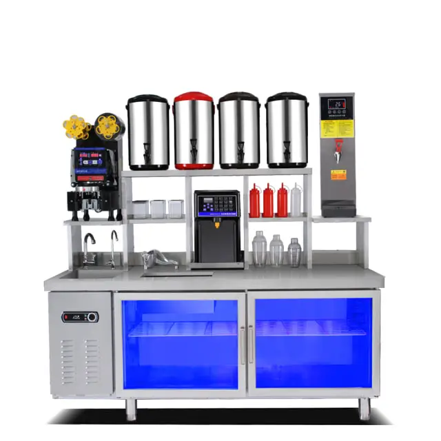 Milk Tea Making Bubble Tea Bar Counter With Refrigeration Cabinet