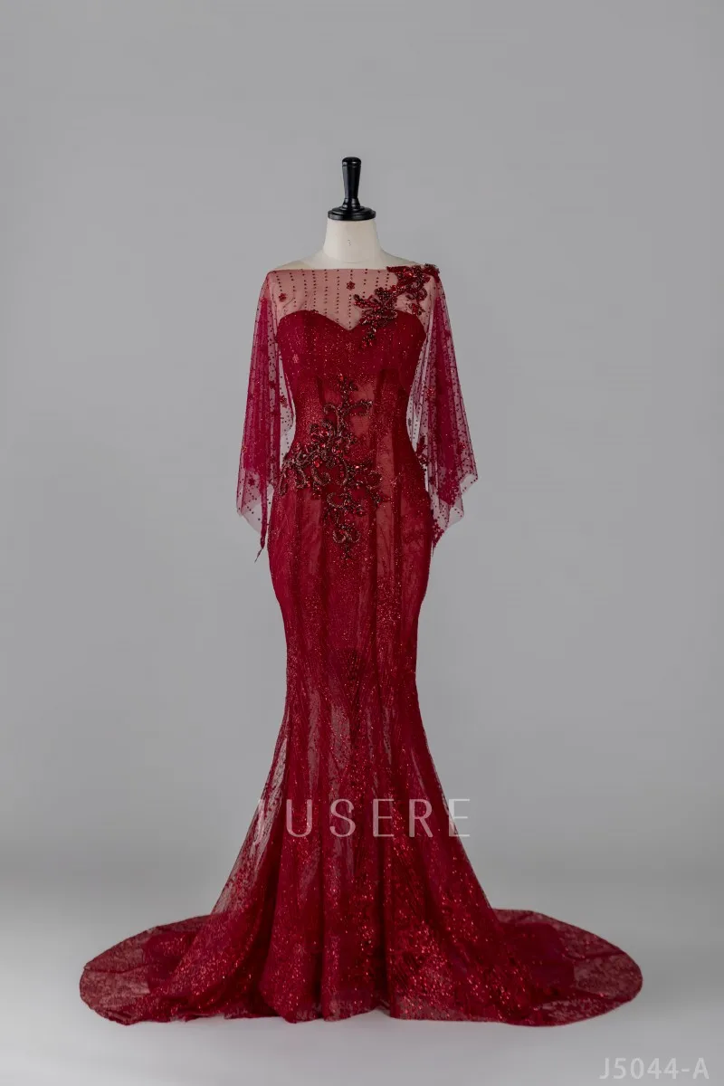 Stunning Mermaid Evening Dresses Handmade Beads Appliques Sparkle Sleeves Lace Up Prom Gowns