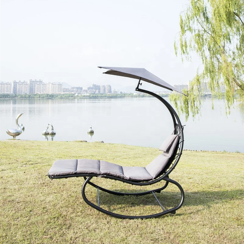 Hanging Curved Chaise Lounge Chair Swing for Backyard indoor outdoor Patio hammock with canopy shade built-in pillow metal frame